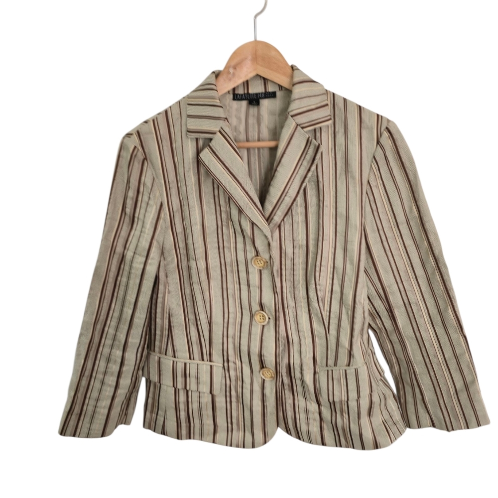 Lafayette 148  New York 3 Button Blazer Stripes Brown Beige Linen Blend Size 8